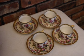 Four English S. Hancock & Sons Indian Tree Opaque China Teacups & Saucers With Colorful Floral & Bird Motif