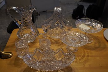 Assembled Group Of 7 Cut Glass / Crystal Tableware, Includes Footed Candy Dishes, Bowls & A Pitcher