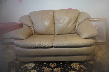 Beige Leather Love Seat Couch - 63 Inches Wide
