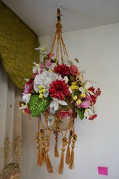 Hanging Flower Pot With Fake Flowers With Knotted Rope Work
