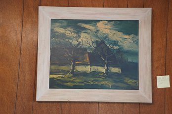 Alluring Painting On Board Of House In Field Signed With Wood Frame, 28x23.5