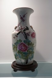 Antique Reproduction Asian Style Vase With Floral And Bird Design On Wood Base (read Info)