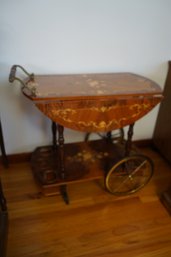 Drop Leaf Wooden Bar Cart On Wheels With Gold Floral Motif Inlay