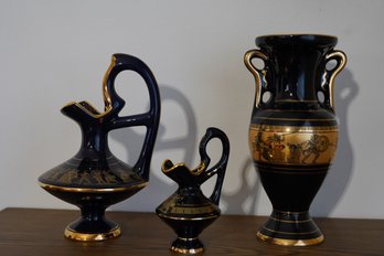 Trio Of Beautiful Hand Made Greek Pitchers & Urn Featuring A Motif Of Greek Figures In 24K Gold