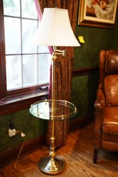 Gorgeous Brass Metal Free Standing Lamp With Glass Round Middle Table And Adjustable Shade
