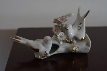 Beautiful Capodimonte Pair Of Birds On A Branch In White With Gold & Pink Details