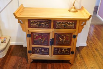 Vintage Solid Wood Chest/hall Table W/drawers & Storage-decorated With Figures In Traditional Asian Dress