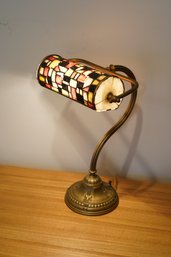 Colorful Vintage Brass Desk Lamp With Paper Like Stained Glass Design Shade