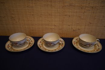 Trio Of Vintage Czechoslovakian Bohemia 'Royal Ivory' Teacups & Saucers With Floral Motif