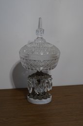 Crystal Covered Dish Atop Marble And Bronze Like Metal Base