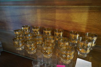 Beautiful Vintage MCM Hi Ball Glasses With Gold & Green Details, 16 PCS.