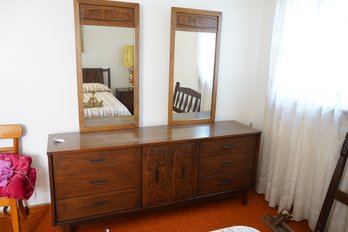 MCM Wooden Dresser With Two Mirrors And Ample Storage, Dovetail Drawer Joints And Burl Wood Details