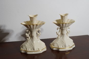 Pair Of Lovely Lenox Candle Stick Holders Hand Decorated With 24K Gold Details.