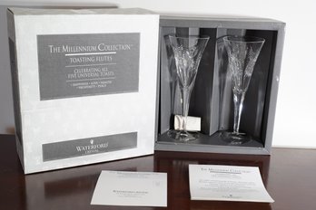Pair Of Exquisite Waterford Crystal Millennium Collection Anniversary Champagne Flutes W/Box