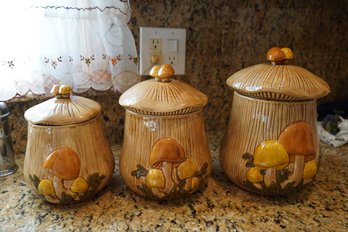 Set Of 3 Charming Vintage Lidded Counter Canisters With Mushroom Motif And Finials