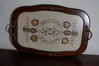 Lovely Wooden Tray Featuring Embroidered Flower Motif Under Glass
