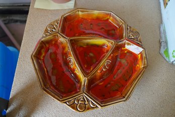 Glazed Sectioned Tray In Beautiful Red & Gold Hue - Signed To Underside