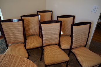 Six Vintage Prince Seating Corp. Lacquered Red Wood Dining Chairs With Gold / Beige Upholstery