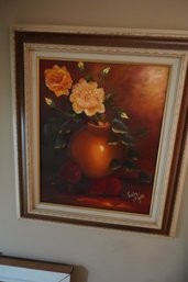 Flowers And Apples Oil On Canvas Signed Corby Figotti Painting, 23.5x27.5 Inches