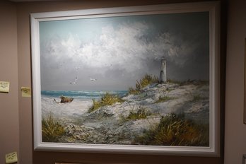 Gloomy  Lighthouse Painting Signed By Gilbert, 53x41 Inches