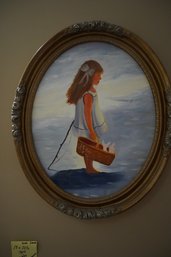 Little Girl Fishing Oil On Canvas Oval Shape Painting Signed Corby Figotti , 19x22.5 Inches