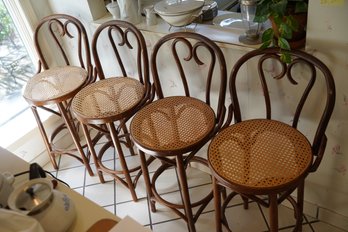 Vintage Mid Century Cane Bentwood Rattan Counter Cafe Bar Stools Set Of 4