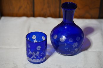 Vintage Cobalt Blue Glass Pitcher & Cup
