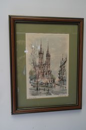 European Church Water Color Art Signed,  14x18 Inches