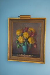 Antique Framed Floral Signed J. Glotzer Painting Of Flowers In Vase In Gold Colored Wood Frame With Light