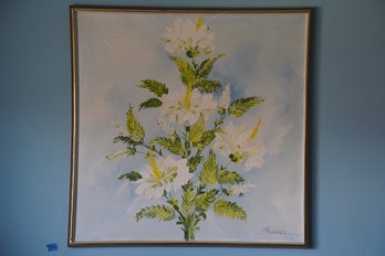 Vintage Signed Painting Of White Flowers On Canvas 31x31