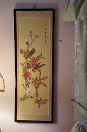 Wood Framed Signed Scroll Painting Of Birds On A Branch