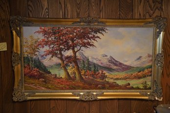 Vintage Oil On Canvas Of Autumn Trees And Mountains In Gold Gilded Frame 55x31