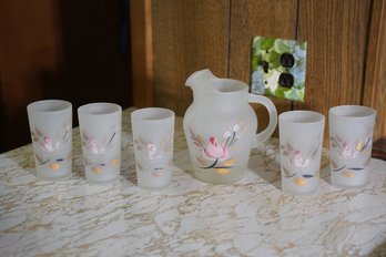 Set Of 6, 5 Glasses, 1 Pitcher Frosted Glass Hand Painted