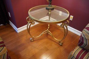Vintage Rococo Style Gilt Metal Scrolled Base Glass Top Side Table