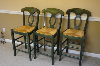 Set Of 3 Green Color Wood Bar Chairs With Wicker Cushion