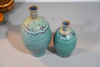 Set Of 2 Small Ceramic Vases In A Aqua Blue Color Signed