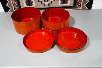 Set Of 4 Antique Bright Red Bowls From Myanmar