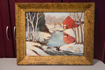 Oil Painting Of A Winter Lake House View Signed By B. Marder