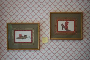 Framed Set Of 2 Shoe Prints With Detailed Matting In Gold Frames