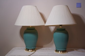 Pair Of Retro Teal Ceramic Lamps With Shades With Gold Hardware