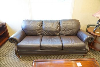 Beautiful Ethan Allen Chocolate Leather Studded Thumb Nail Design Couch