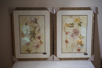 Pair Of Floral Prints In Gold Frames - New In Packaging