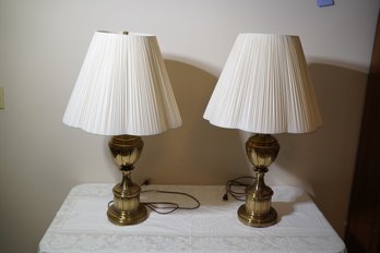 Pair Of Solid Brass Lamps With Pleated Shades - Heavy