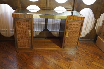 Vintage Heritage Glass Top Bar Cabinet With Rattan Design Doors