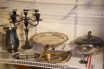 Shelf Of Silver Plate Items Including Cake Stand And Pitcher, 7 Pcs.