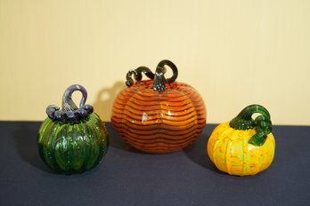 Lot Of 3 Art Glass Bright Colors Pumpkin Decorations
