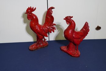 Bright Red Porcelain Roosters Figurines