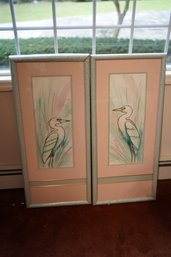 Pair Of Multi Media Framed Works Of Birds In Grasses In Hues Of Pink And Teal