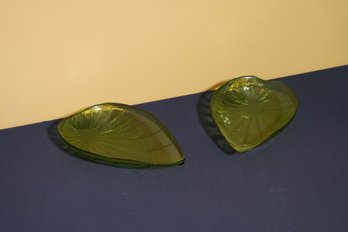 Lot Of 2 Green Depression Leaf Shape Dishes