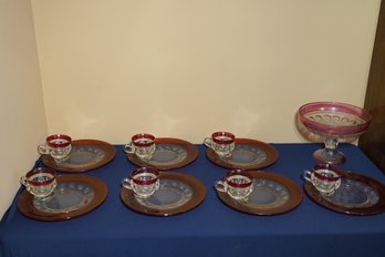 Vintage Ruby Flash Snack Plates And Cups Set